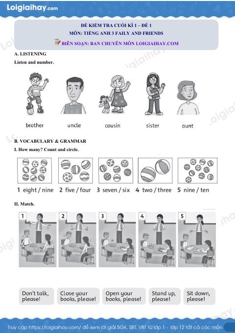 Đề thi học kì 1 Tiếng Anh 3 Family and Friends - Đề số 1